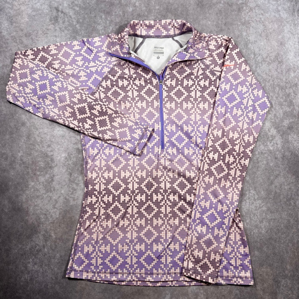 Nike Pro Women Half Zip Training Top Purple Pink Geometric Pixel Long Sleeve M - Picture 2 of 8